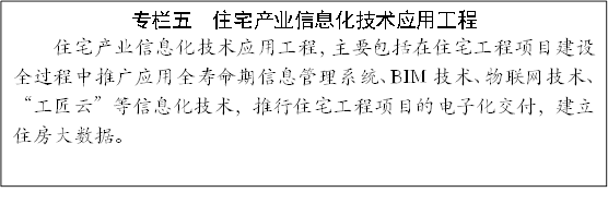 專欄五 住宅產業信息化技術應用工程
住宅產業信息化技術應用工程,主要包括在住宅工程項目建設全過程中推廣應用全壽命期信息管理系統、BIM技術、物聯網技術、“工匠云”等信息化技術,推行住宅工程項目的電子化交付,建立住房大數據。